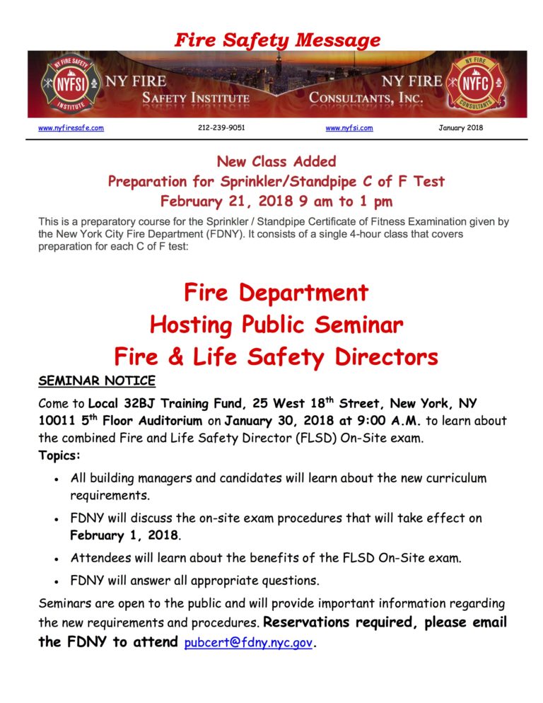 Fire Safety Message January 2018 – NY Fire Consultants Inc.