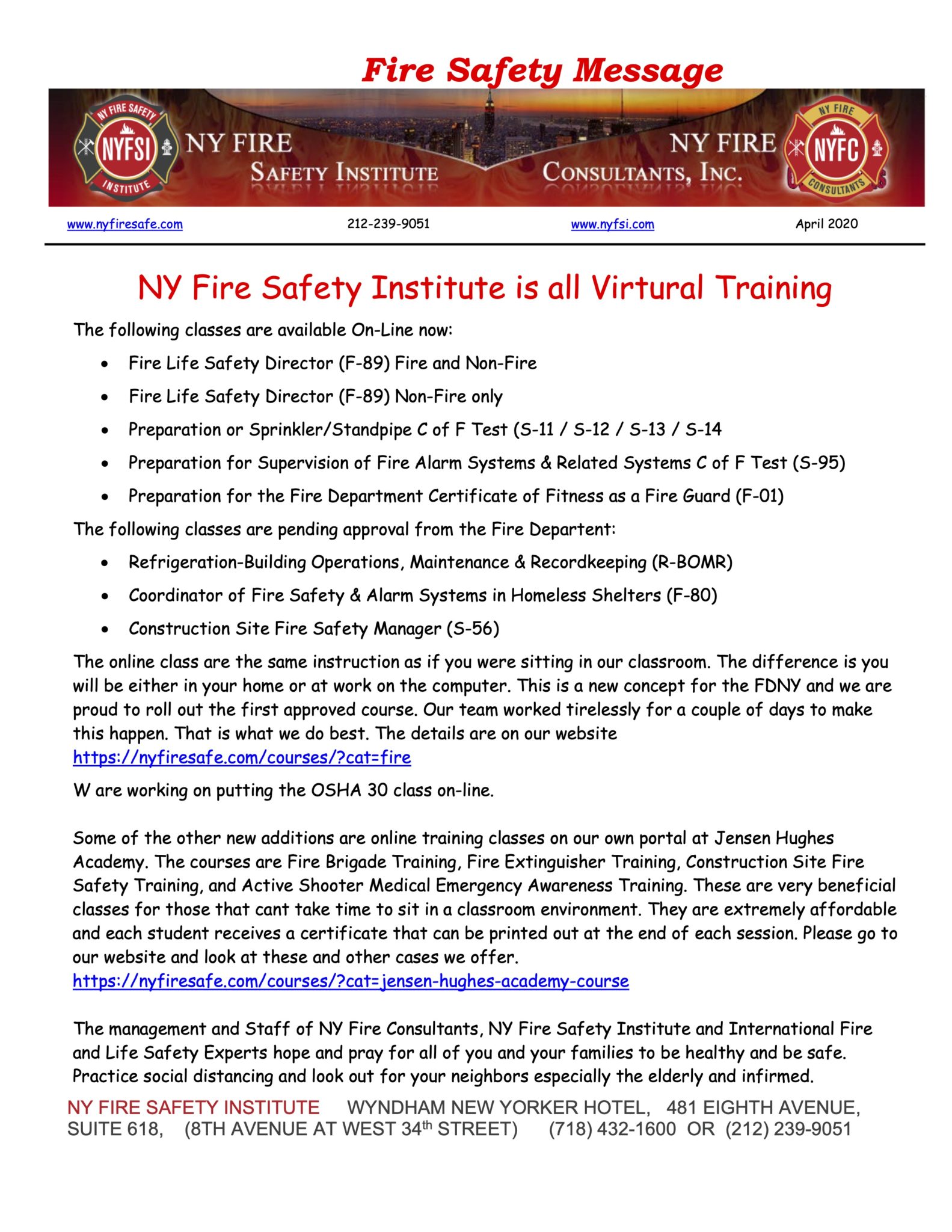 Fire Safety Message April 2020 NY Fire Consultants Inc.