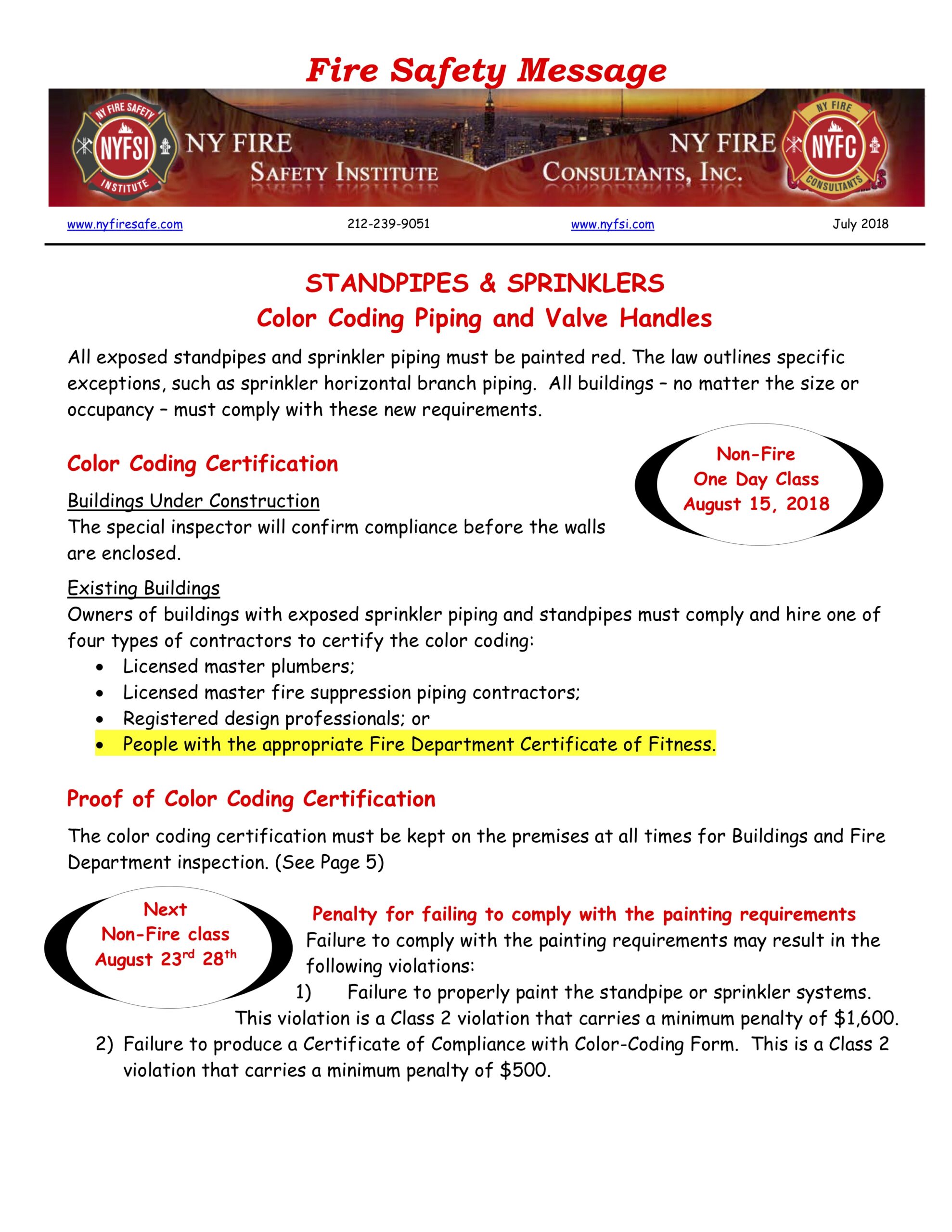 Fire Safety Message July 2018 - NY Fire Consultants Inc.