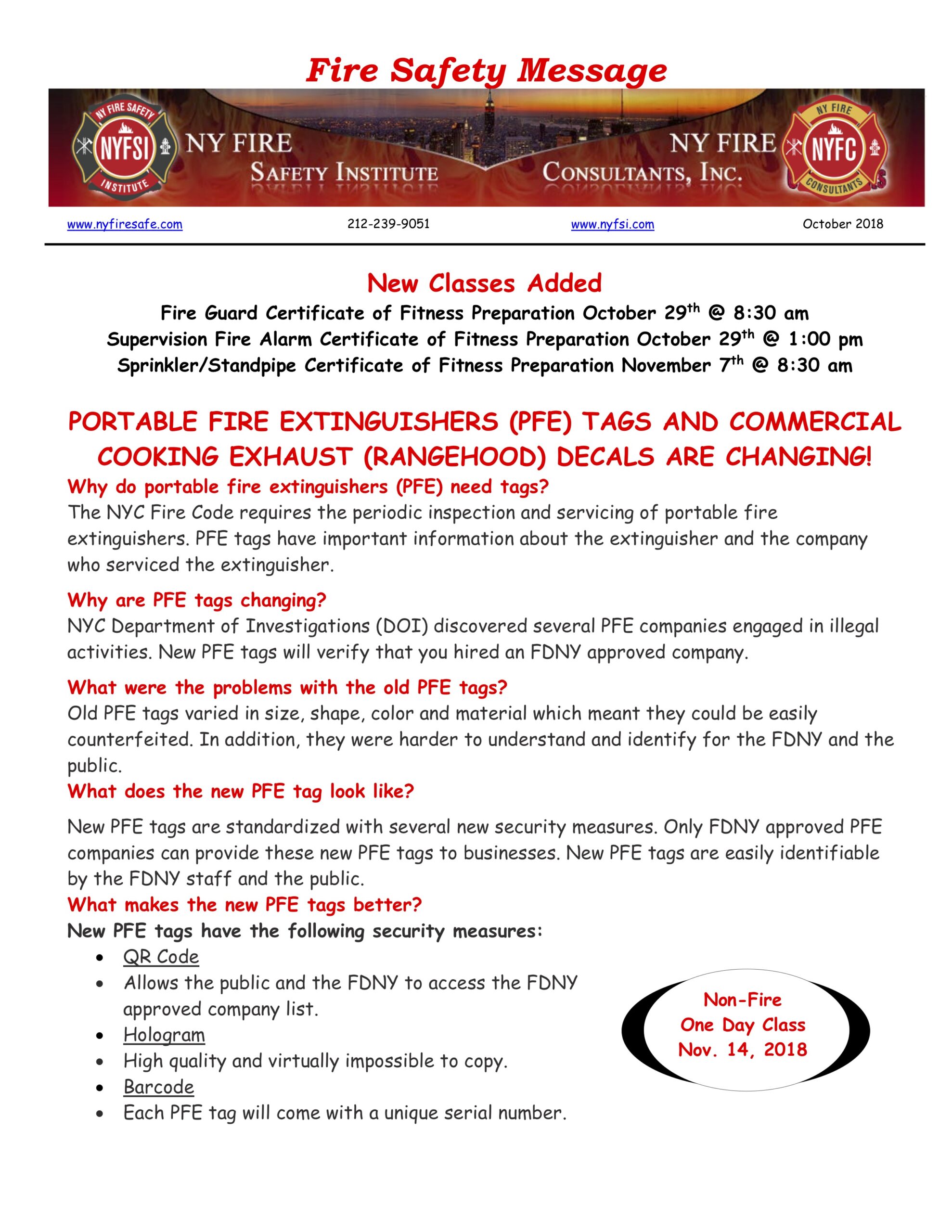 Fire Safety Message October 2018 – NY Fire Consultants Inc.